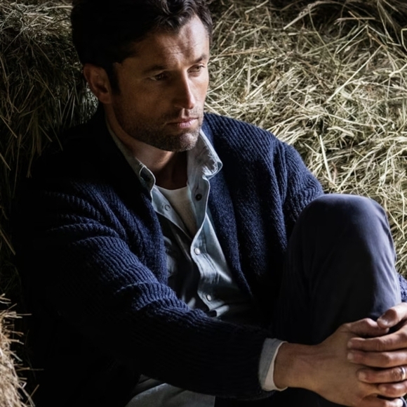Line Of Trade Sweater Men Medium Cardigan Shetland Wool Navy Dockside Shawl - Picture 1 of 12